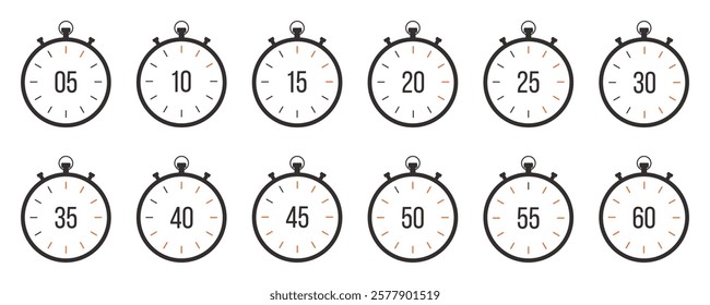 Vector set of stopwatch icons. Countdown from 5 to 60 minutes. Vector illustration