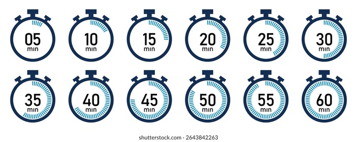 Vector set of stopwatch icons labeled with time from 5 to 60 minutes. Circular progress rings show duration. Ideal for apps, fitness, or countdown visuals.