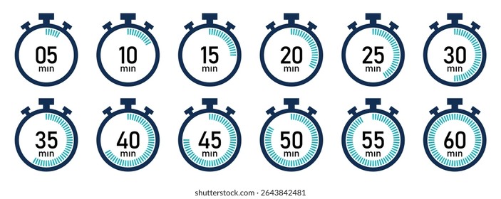 Vector set of stopwatch icons labeled with time from 5 to 60 minutes. Circular progress rings show duration. Ideal for apps, fitness, or countdown visuals. Icons, vector, symbols.