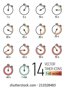 Vector set of stopwatch timer icons with color blend from light turquoise to weathered red time scale | Different time seconds interval icons | Fourteen stopwatch faces with seconds ticking