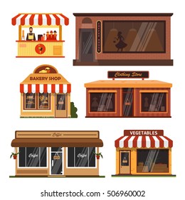 Vector set of store buildings. Shops design elements and icons in flat style isolated on white background. Coffee shop, bakery, grocery store, ice cream.