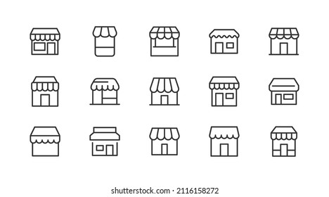 Vector set of store thin line icons. Design of 20 stroke pictograms. Signs of store isolated on a white background.
