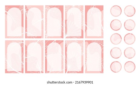 Vector set of stories and highlights designs. Templates with abstract line art tropical leaves. Pink color palette. Summer background for social media