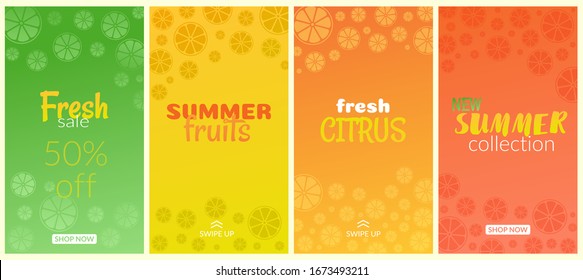 Vector Set Of Story For Instagram. Concept, Summer, Fruits, Citrus, Freshness. In The Colors Of Lemon, Orange, Lime And Red Grapefruit. Discounts, New Items. Copyspace.