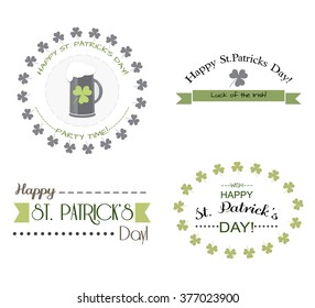 Vector set of St.Patrick's Day typographic design elements on white background. Clover and beer national irish icons. Perfect for banners, invitations, announcements, advertisement. Sticker collection