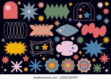 Vector set of strange funky abstract shapes in 90s style. Various quirky geometric y2k design elements. Retro groovy signs, trendy vintage poster graphics, hipster shapes, frames, symbols collection