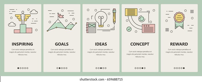 Vector set of strategy concept vertical banners. Inspiring, Goals, Ideas, Concept and Reward templates. Modern thin line flat design elements, symbols, icons for website menu, print.