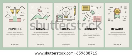 Vector set of strategy concept vertical banners. Inspiring, Goals, Ideas, Concept and Reward templates. Modern thin line flat design elements, symbols, icons for website menu, print.