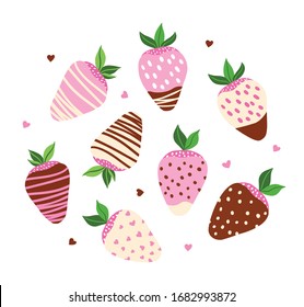 Vector set of strawberries in chocolate. Isolated on white. Berry illustration. Food illustration. Dessert pattern. Cartoon style.