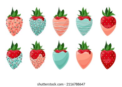 Vektorset Erdbeeren mit Korallen und türkisfarbener Schokolade, bestreut mit Süßwaren einzeln auf weißem Hintergrund.
