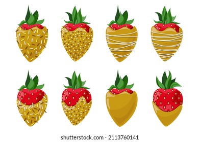 Vector set of strawberries covered with gold chocolate decorated with confectionery topping isolated on white background.
