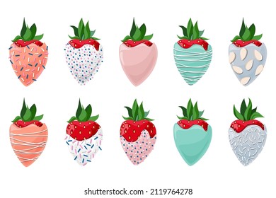 Vector set of strawberries covered with multicolored icing sprinkled with confectionery topping, almond chips and coconut flakes isolated on white background.