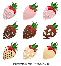 Vector set of strawberries covered with white, milk, pink chocolate decorated with nut crumbs, coconut flakes and almond chips.