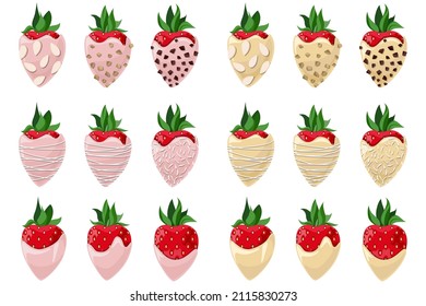 Vector set of strawberries covered with white and pink chocolate decorated with almond chips, coconut flakes, nut crumb.