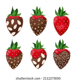 Conjunto vectorial de fresas en chocolate de leche con migajas de nuez, copos de coco y chips de almendra aislados en fondo blanco.