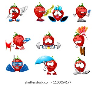 vector set of strawberry smile characters funny smiles emotions sport