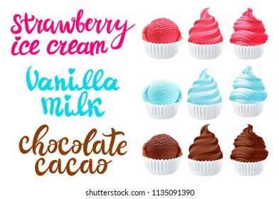 vector set strawberry, vanilla, chocolate Ice cream in the cone on white background lettering hand made text art