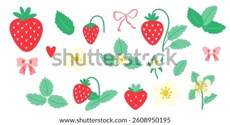 Vector set of strawberry, wild strawberry illustrations with juicy berries, flowers, and leaves. Ideal for summer clipart, sticker, food-themed designs