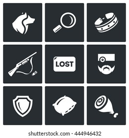 Vector Set of Stray Dogs Icons. Pooch, Search, Capture. Shooting, Loss, Veterinary, Zoo protection, Asleep, Food. Homeless street animals and their catch. Isolated symbols on a black background