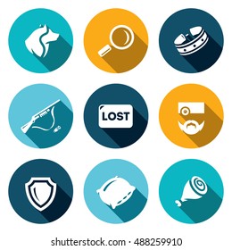 Vector Set of Stray Dogs Icons. Pooch, Search, Capture. Shooting, Loss, Veterinary, Zoo protection, Asleep, Food.