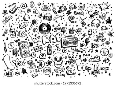 Vector set of street dance and teen music. isolated elements drawn in the doodle style with a black line on a white background for the design template microphone, vinyl record, tape recorder