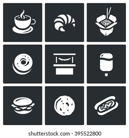 Vector Set of Street Fast Food Icons. Coffee, Croissant, Chinese Noodle, Donut, Shop, Ice Cream, Burger, Pancake, Hotdog. Outlet for the sale of food, drinks and ice cream