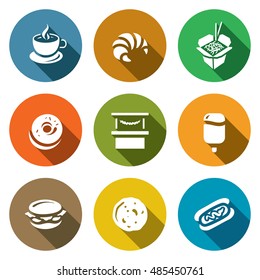 Vector Set of Street Fast Food Icons. Coffee, Croissant, Chinese Noodle, Donut, Shop, Ice Cream, Burger, Pancake, Hotdog.