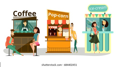 Vector set of street food concept icons isolated on white background. Coffee, popcorn, ice cream food stalls, sales stands or pavilions with sellers and buyers flat style design elements.