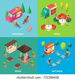 Vector set of street food concept square posters or banners with cocktail and pizza trucks, sushi and hot dog carts. Fast food mobile shops and buyers isometric icons.