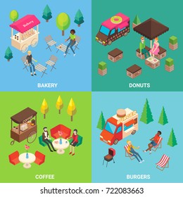 Vector set of street food concept square posters or banners with donut and burger trucks, bakery and coffee carts. Fast food mobile shops and buyers isometric icons.