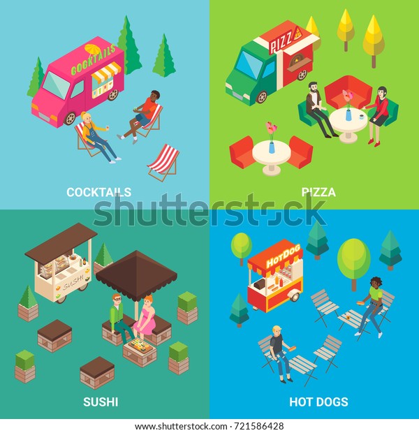 Vector set of street food\
concept square posters or banners with cocktail and pizza trucks,\
sushi and hot dog carts. Fast food mobile shops and buyers\
isometric icons.