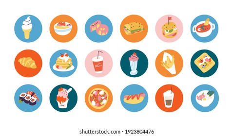 Vector puso íconos de comida callejera para historias en medios sociales o plantilla de avatar. Comida chatarra o insignias de comida rápida