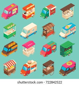 Vector set of street food truck and cart isometric icons. Fast food mobile shops for street food festivals.