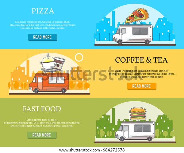 Vector set of street food truck
horizontal banners. Pizza, Coffee and tea, Fast food concept flat
style design elements for street food business
advertising.