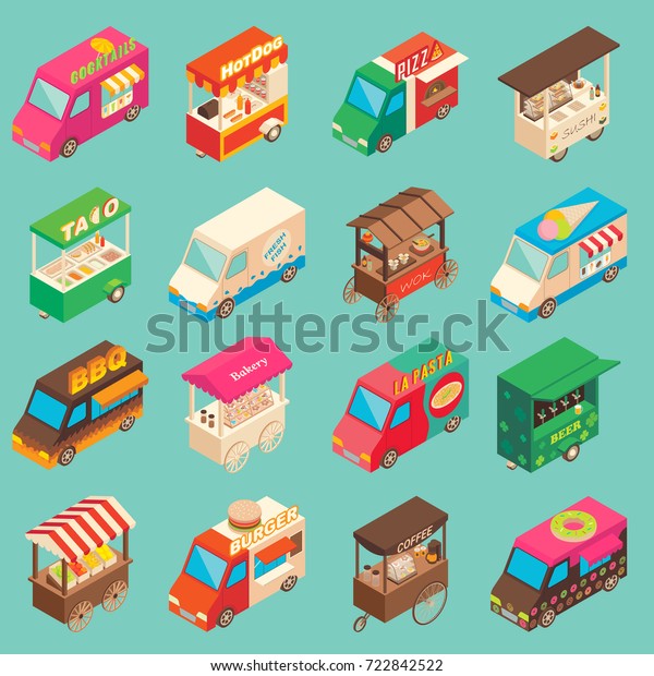 Vector set of street\
food truck and cart isometric icons. Fast food mobile shops for\
street food festivals.