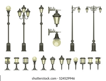 vector set of street lamps and small garden lamps on a white background