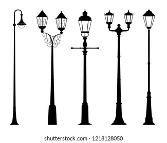 Vector set of street lantern silhouettes in retro style isolated on white background. Wall sticker. Illustration for design.