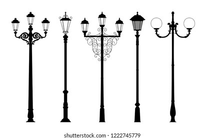 
Vector set of street lantern silhouettes in retro style isolated on white background. Wall sticker. Illustration for design. 