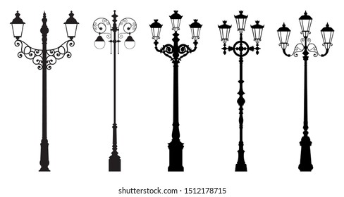 Vector set of street lantern silhouettes in retro style, in black color, isolated on white background. 