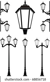 Vector set of street lanterns silhouettes in the old style - isolated illustration on white background.