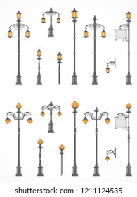 Vector set of street lights. Collection in flat style. Сolorful. 