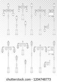 Vector set of street lights on transparent background. Collection in flat style. Monochrome.