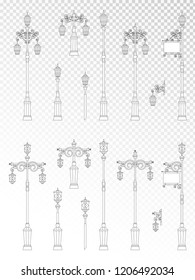 Vector set of street lights on transparent background. Collection in flat style. Monochrome.
