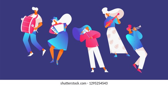 Vector set with street musicians playing music. Group of people, good for festival celebration design