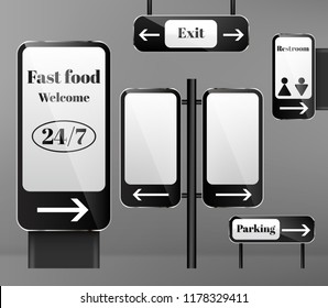 Vector set of street signposts on metal poles, direction signs with arrows isolated on background. Clipart with signboards and pointers for city navigation, billboard for advertising messages