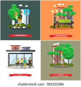 Vector set of street traffic concept posters, banners in flat style. Crosswalk, Businessman, Stop and Buyer design elements.