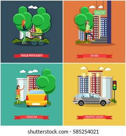 Vector set of street traffic posters, banners in flat style. Walk with baby, Store, Taxicab and Traffic light design elements.
