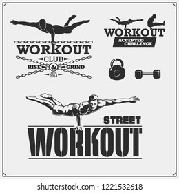 Vector set of Street Workout and fitness emblems and labels. Athletes illustrations and silhouettes.