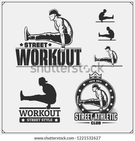 Vector set of Street Workout and fitness emblems and labels. Athletes illustrations and silhouettes.