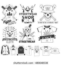 Vector set of streetwear shop logos, emblems, badges or labels. Isolated vintage illustrations with skulls, t-shirts, sweatshirts, bomber jacket, hats and bats